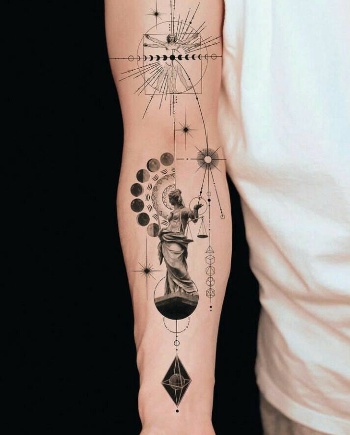 83 beau tatouage de vénus sur l'avant-bras d'un homme commun éléments stellaires et géométriques