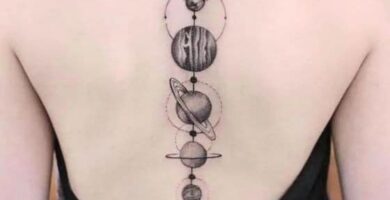 99 Tatuajes de planetas Diseno en blanco y negro en la espalda con todos los planetas en linea sobre la columna