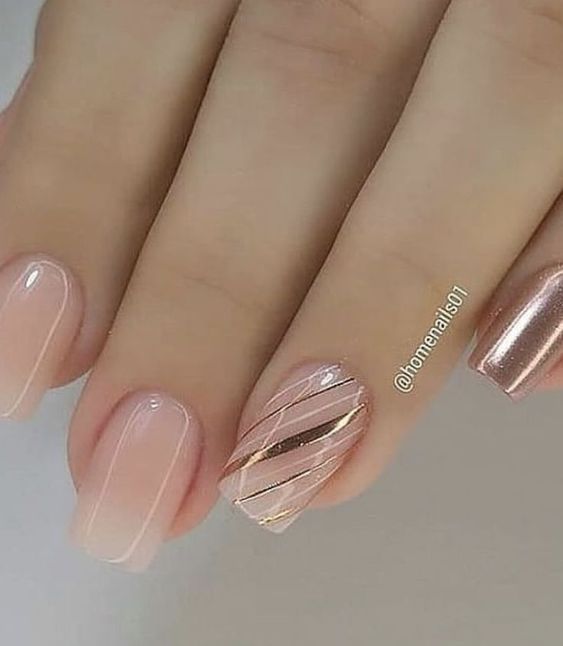105 BEAUTIFUL SHORT NAILS NUDE pale pink color with decorative lines in gold