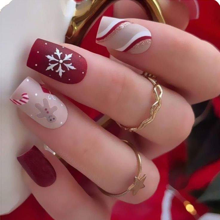 125 Short Christmas Nails Red Garnet with white enamel brown stars with golden glitter sweets