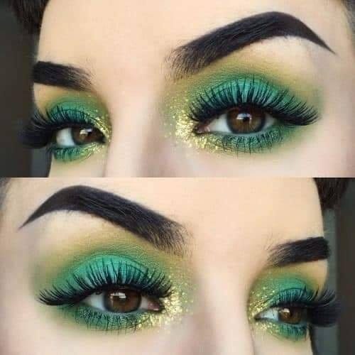 127 Maquillaje en Tonos Verdes smokey eyes en verde claro con escarchado en dorado y cejas arqueadas