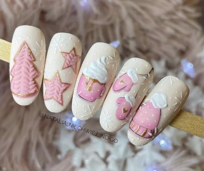 15 Some Fakes for Christmas Pale pink and white with Christmas details such as a tree, a cup, stars and mittens