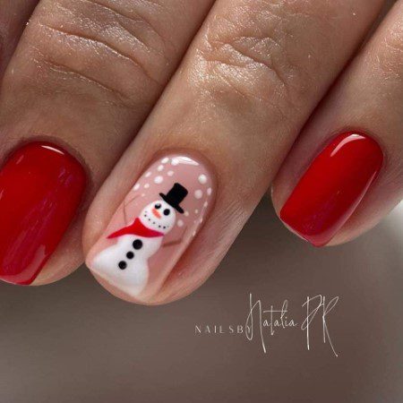 19 Some Short Christmas Eves with bright red nail polish and a snowman