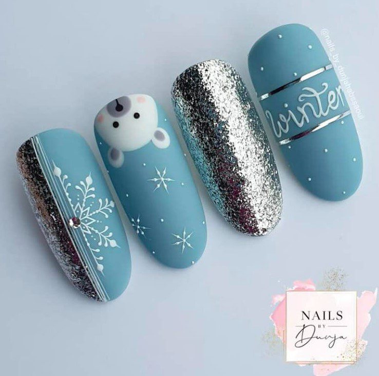 30.1 Turquoise blue Christmas false nails with white bear and metallic gliter