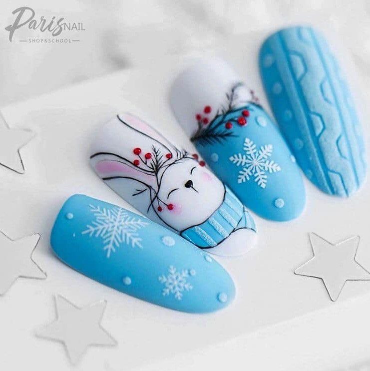 32 Unas Postizas para navidad azul y blanco con copos de nieve y conejo blanco