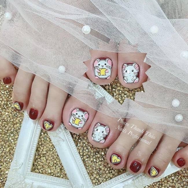 4 Pedicure for girls. with cute white mouse on red background and cheese