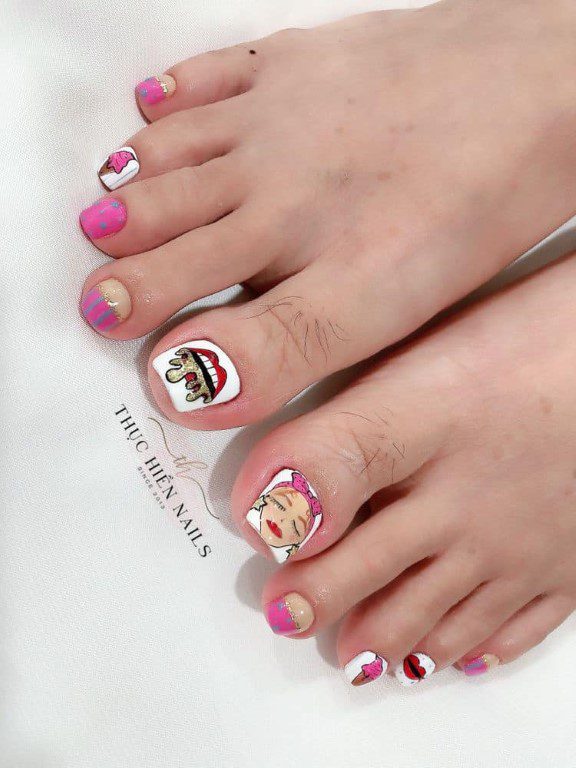 4.2 Pedicure for girls. with bubblegum pink background and blue polka dots and mouth