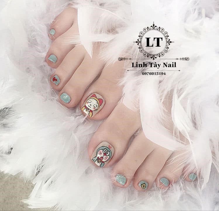 5.1 Pedicure for girls. with Doraemon cat and gray green background