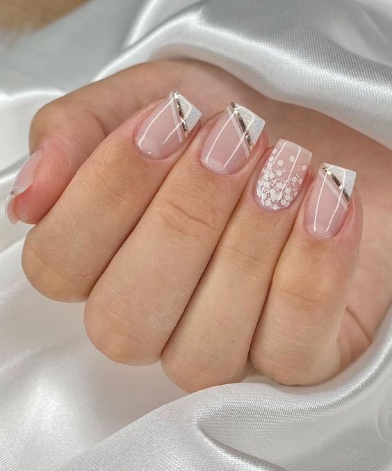 66 BEAUTIFUL SHORT NAILS NUDE light pink color and French manicure with golden lines and white dots