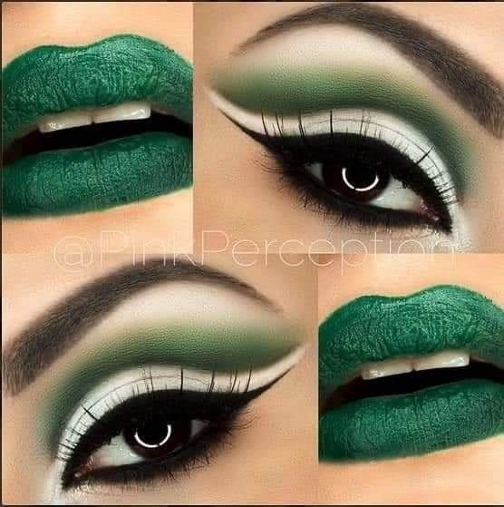 89 Maquillaje en Tonos Verdes cat eyes con difuminado de sombras blanca y verdes con delineado completo y cejas arqueadas