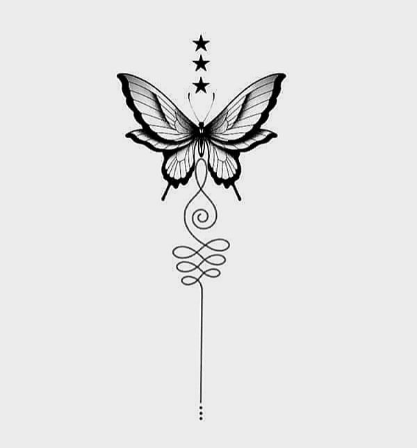 106 Tatuaggio farfalla nera con dettaglio di tre stelle e chiave di violino 1