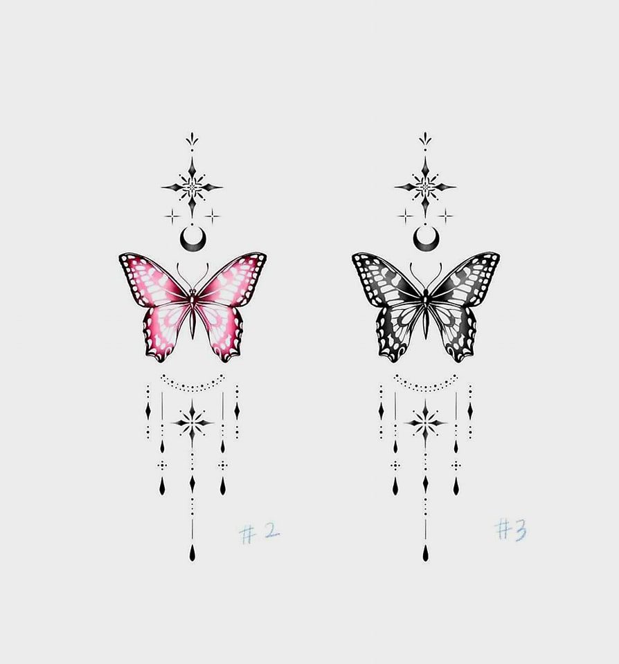 146 Tattoo Sketches Drawings Stencils of BUTTERFLIES pink and black with star moon ornaments