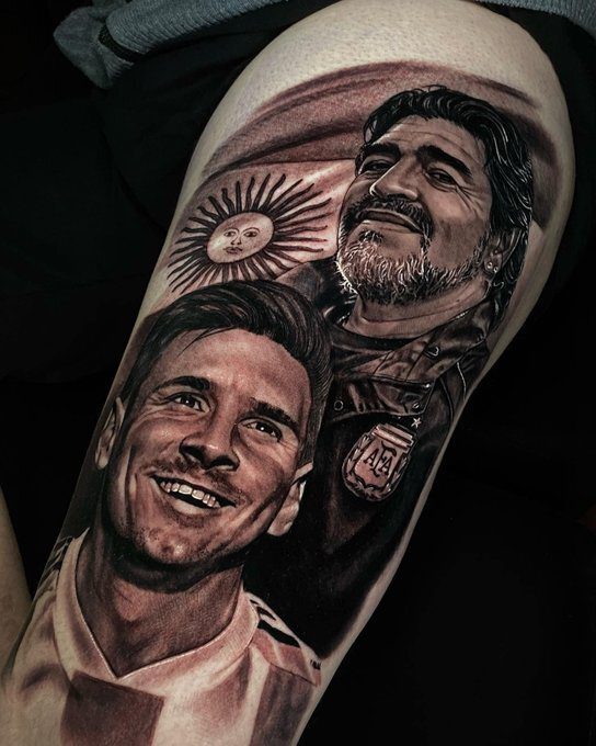 2155 Tatuajes de la Seleccion Argentina Campeona Hermoso Realista en Negro con los rostros de Diego y Messi y bandera