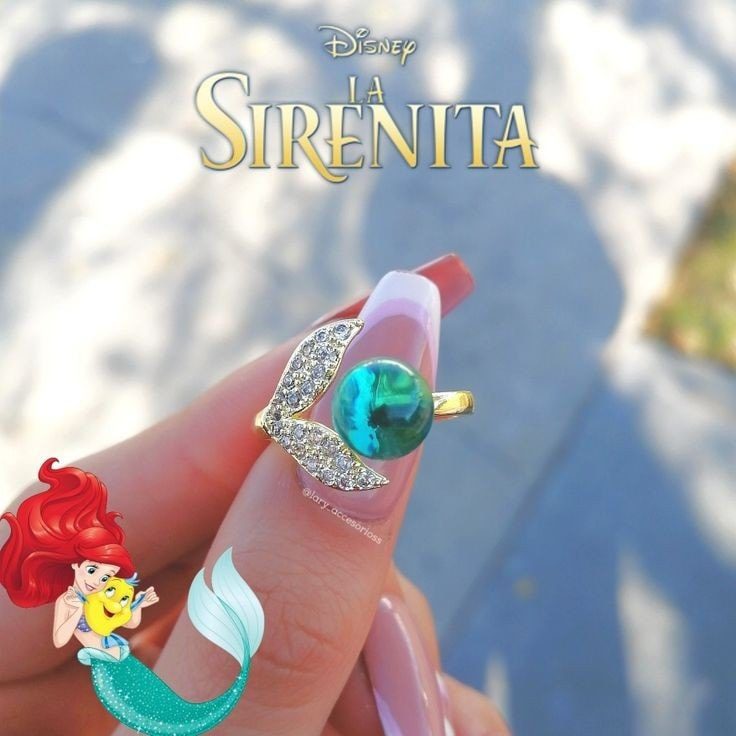 228 JOYAS DISNEY Anillo inspirado en la princesa Ariel con forma de cola de sirena y piedra verde