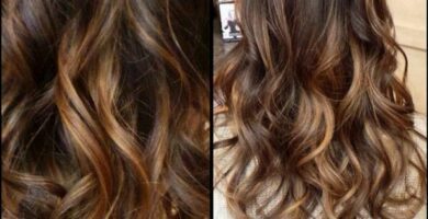 228 Mechas Balayage cabello en tono base castano oscuro con ondas largo hasta mitad de la espalda