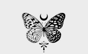 49Schwarzes mittelgroßes Schmetterlingstattoo mit oberem Monddetail und unterem Blatt 1