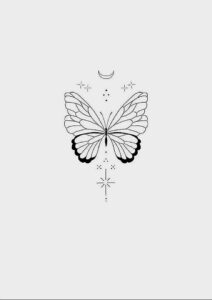 55 Tatuaje de mariposa pequeno y simple con detalles decorativos arriba y abajo