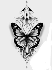 73 Großes schwarzes Monarchfalter-Tattoo mit dekorativen Details