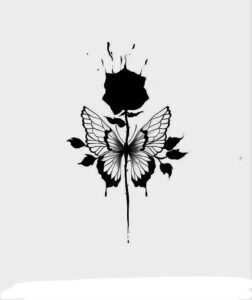 76 Schwarzes Schmetterlingstattoo mit schwarzem Rosendetail im Hintergrund