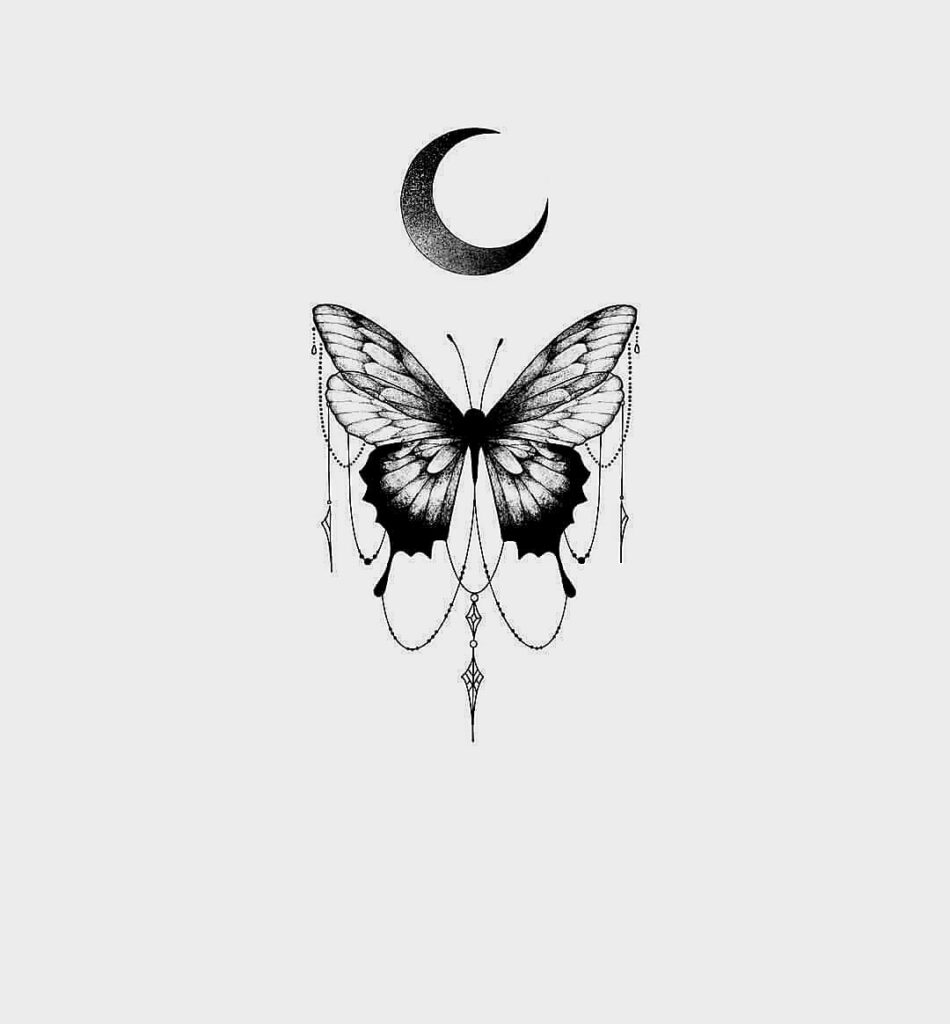 85 Tattoo Sketches Drawings Templates of BUTTERFLIES with moon and ornaments in black