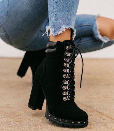 Botines mujer acordonados negro con tachuelas y tacon alto grueso Botines mujer acordonados negro con tachuelas y tacon alto grueso