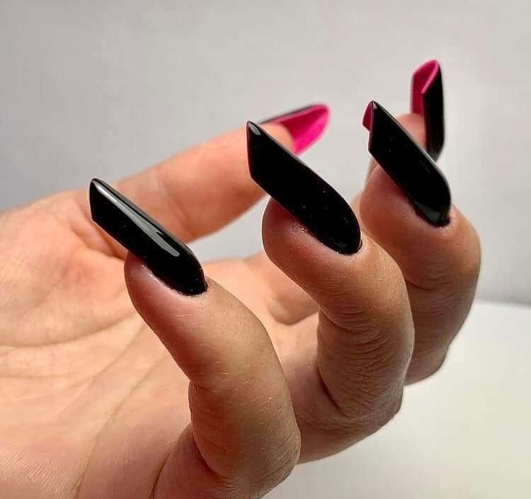 117 Extra-long square Double View Nails with black enamel and back of nails in fuchsia enamel