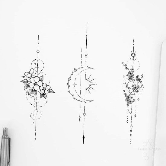 125 Tattoo-Ideen Schwarz-Weiß-Gravur von Mond- und Blumenmotiven