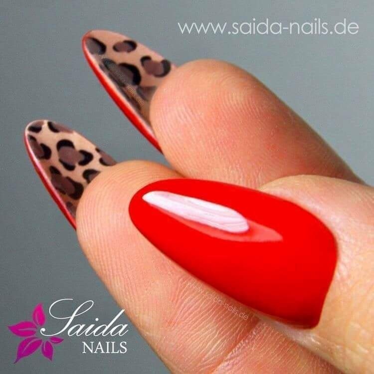 149 Almond Double View Nails with red enamel in glitter effect and animal print back of nails