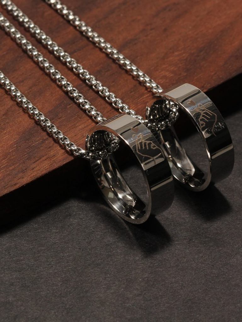 16 Halsketten für Paare, Silberketten mit dicken Ringanhängern mit geprägtem Zeigerdesign