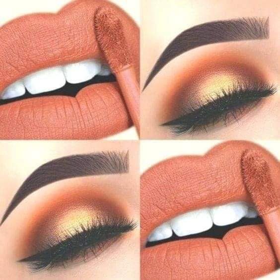 18 Maquiagem em tons laranja olho esfumado com mescla de sombras em tons laranja e dourado, delineador gato e batom laranja opaco