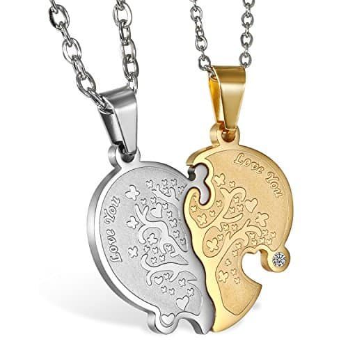 29 Collares para Parejas cadenas de oro y plata con forma de mitad de corazon y diseno de mitad de arbol en medio