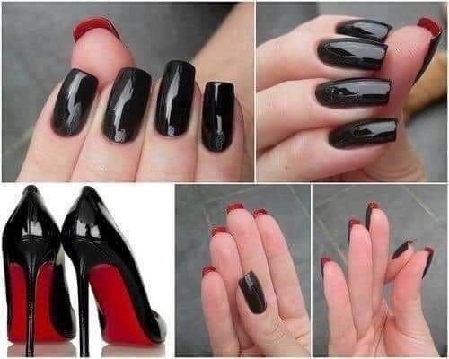 322 Short square Double View Nails with black enamel and red nail back