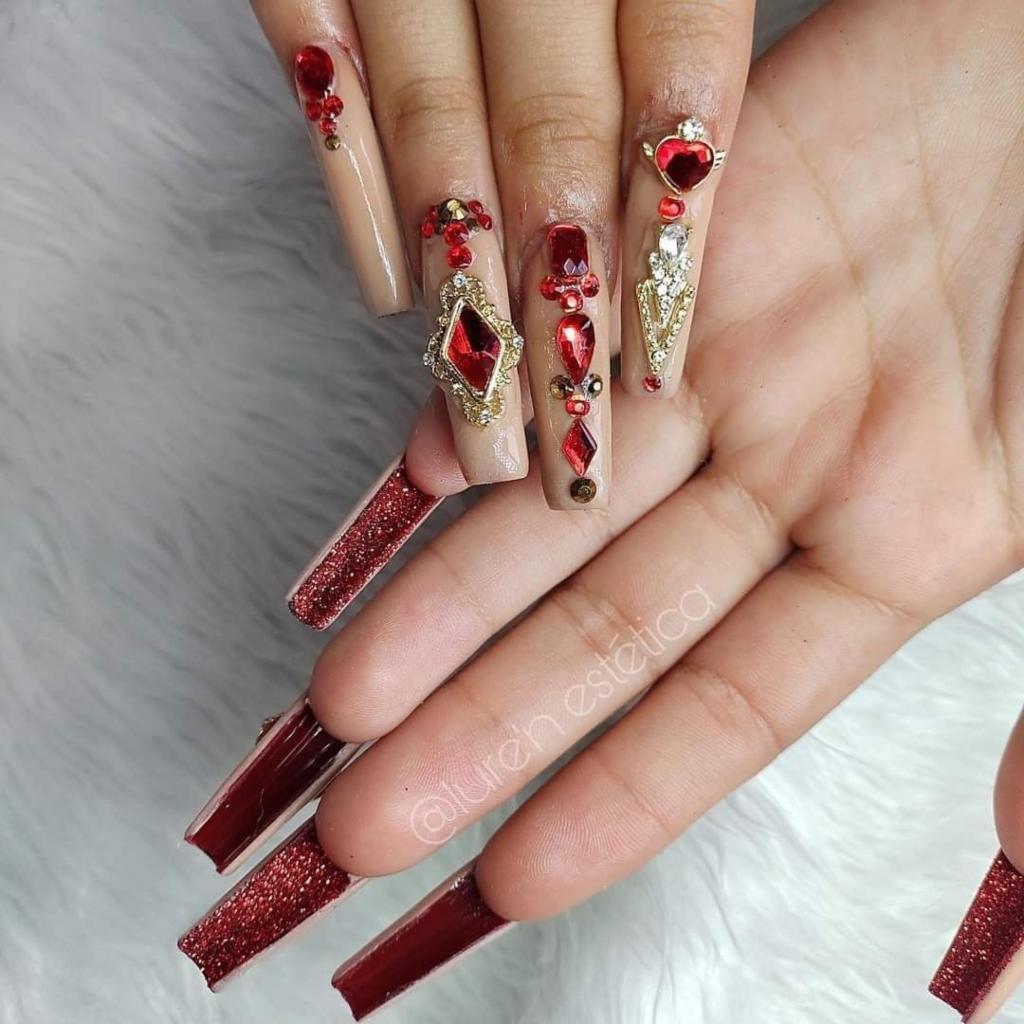 36 Double View extra long ballerina nails with enamel on a beige base with red and gold rhinestones on the reverse side of nails alternated in frosted wine and wine