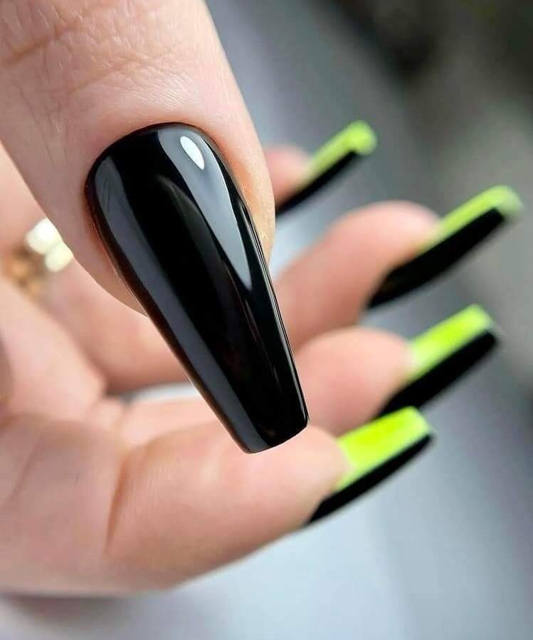 384 Ballerina Double View Nails with black enamel and back of nails in phosphorescent green