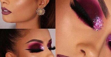 40 Maquillaje en Viva Magenta smokey eye con difuminado intenso en viva magenta y punto de glitter fucsia en zona lagrimal con delineado galactico y labial en viva magenta