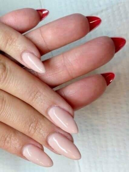 46 Nails Double Vista almond enamel in light pink with back of nails in red