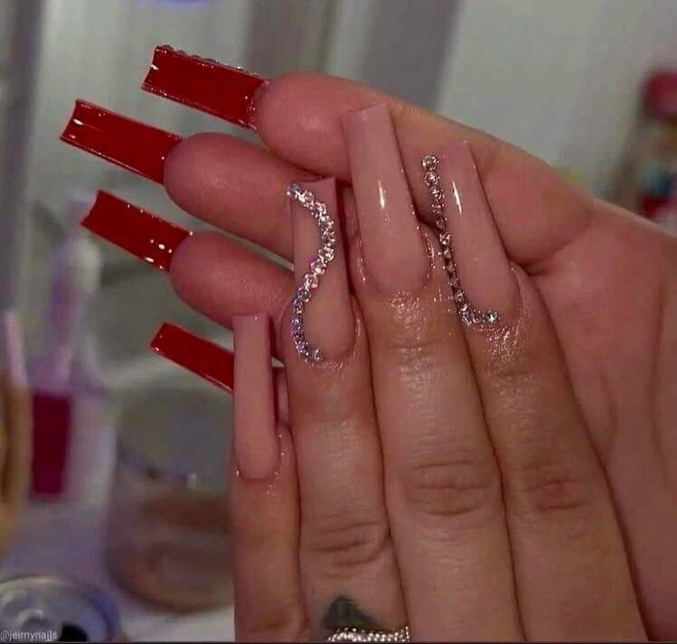 63 Extra long square Double View nails with nude enamel and rhinestone details on the back of the nails in red