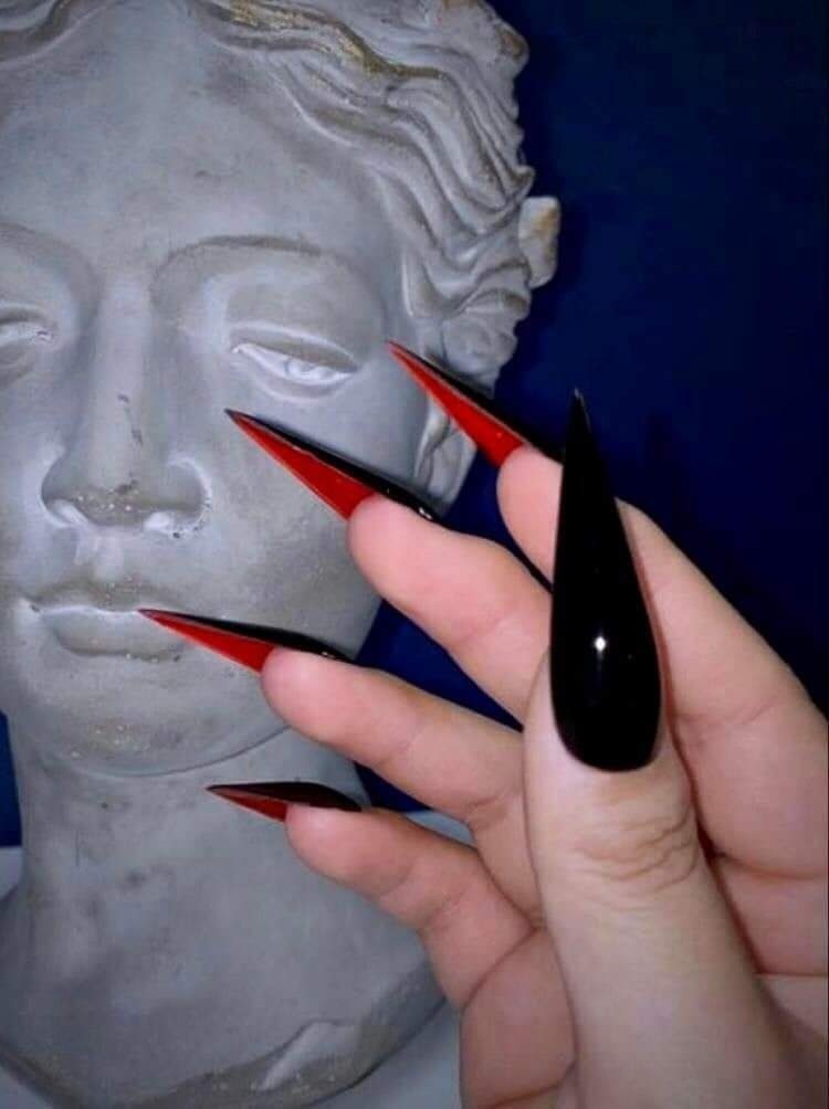 66 Long pointed Double View nails with black nail polish in glitter effect and back of nails in intense red