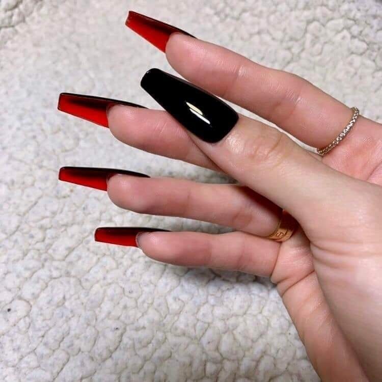 69 Double View long ballerina nails with black glitter effect enamel and back of nails in intense red enamel