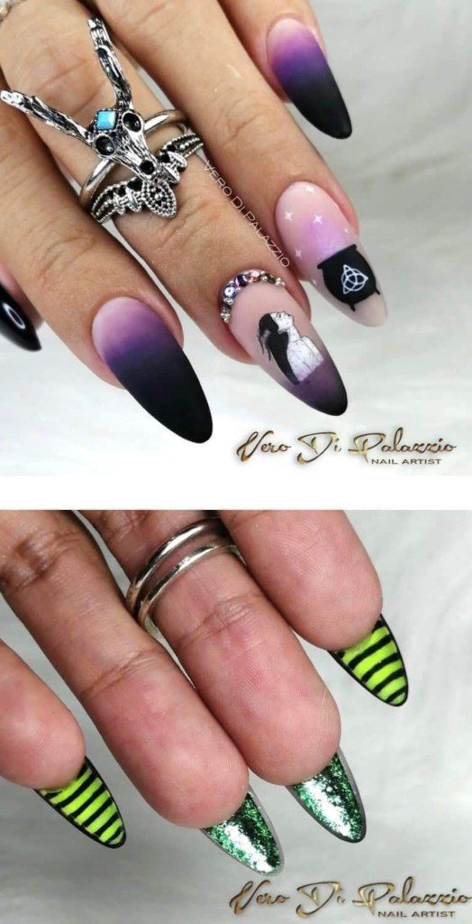 76 Degraded Almond Double View Nails in pink and purple tones reverse side of nails with black and green line design on index and little fingers and frosty green enamel on middle and ring fingers