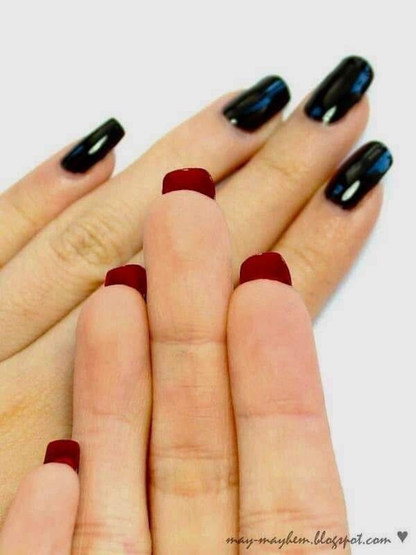 77 Short square Double View Nails with black enamel and back of nails in opaque red