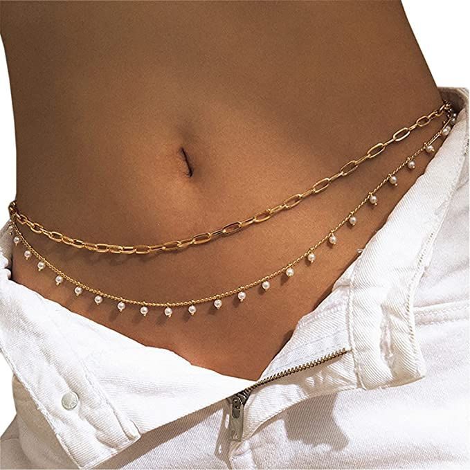 98 Body Chains para el vientre doble con cadena de eslabones cuadrados encima y cadena fina con perlas colgantes debajo