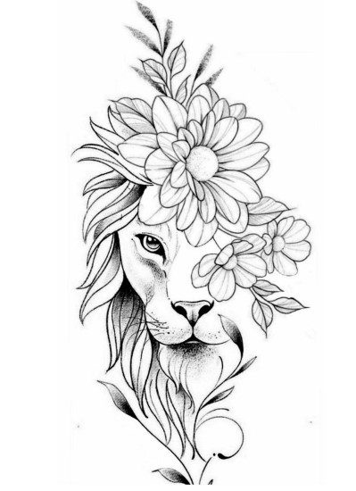 Ideas de tatuajes Grabado de leon con flores