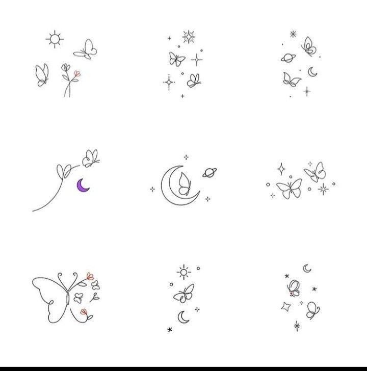 102 Piccoli stencil per tatuaggi farfalla fiori sole stella luna viola saturno