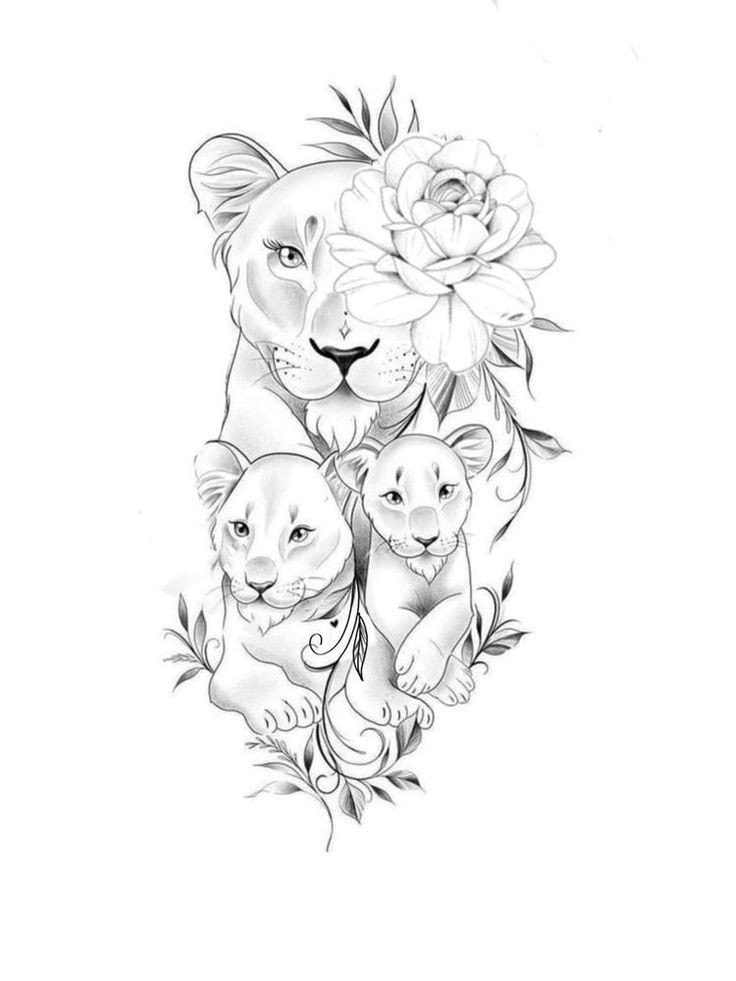 123 Delicati tatuaggi per madre e figlia Leonessa con due cuccioli di leone, fiori e foglie attorno al 3