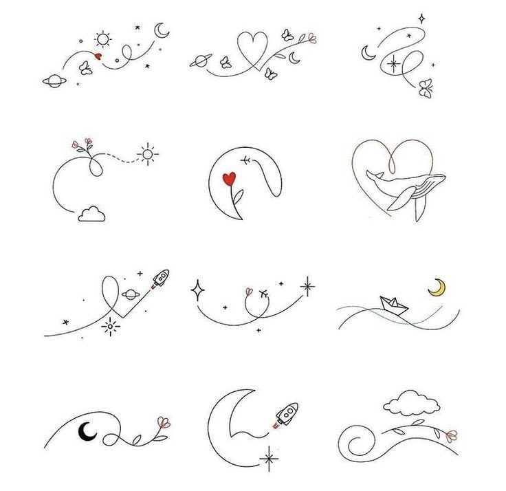 132 Small Tattoos Templates different delicate motifs with planets, red heart, moon, paper boat, dreams