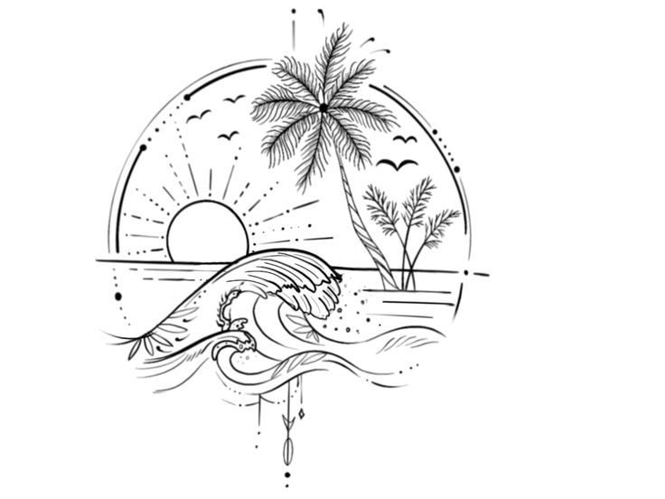 15 Tatuajes de Playas boceto de un aplaya con palmeras sol mar y pajaros 15 Tatuajes de Playas boceto de un aplaya con palmeras sol mar y pajaros
