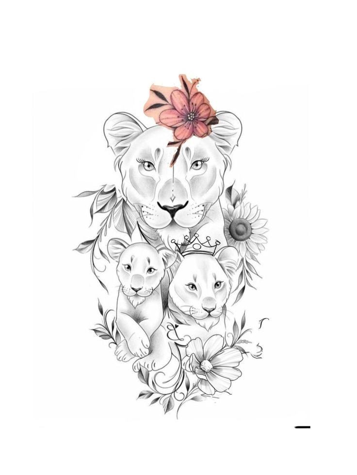 216 Delicate Mother and Daughter Tattoos Mama lioness with two little lions and flowers around