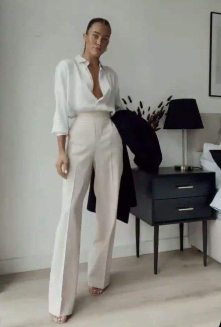 23 PALTALONES PALAZZO etilo elegante de color blanco roto con blusa a conjunto 23 PALTALONES PALAZZO etilo elegante de color blanco roto con blusa a conjunto