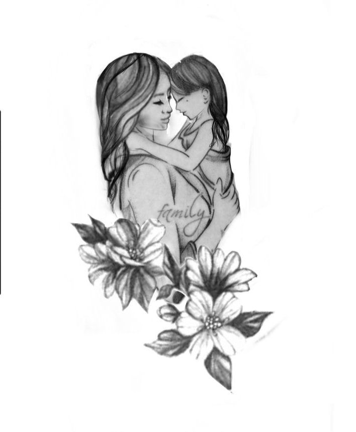 49 Zarte Mutter- und Tochter-Tattoos Mutter trägt ein kleines Mädchen, das sich mit Blumen umarmt